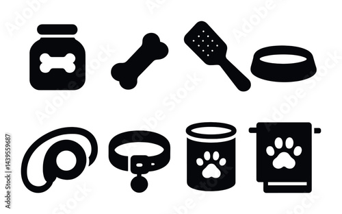 Pet care solid icons set - filled style animal, pet supplies, and veterinary symbols: paw print, dog bone, collar, pet food, leash, litter scoop, water bowl, towel.