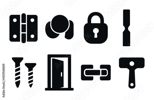 Home improvement solid icons set – flat style diy, renovation, and repair tools for enhanced living: door hinge, screw, padlock, scraper, door, wood chisel, deadbolt