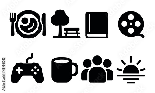 Lifestyle and leisure solid icons set – filled style fun, relaxation, and entertainment symbols: meal, park, book, film reel, game controller, coffee mug, group, sunset.