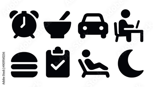 Daily routine solid icons set – filled style activity and productivity symbols for personal organization: alarm clock, mortar, car, work desk, burger, checklist, relaxation, moon.