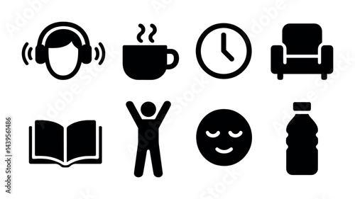 Relaxation and leisure solid icons set – filled style wellness, self-care, and comfort symbols for relaxation enthusiasts: headphones, coffee cup, clock, armchair, book, exercise, smiley, water