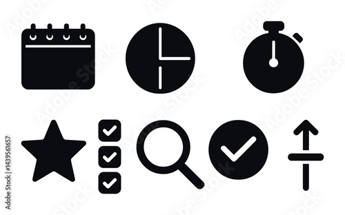 Productivity and time management solid icons set – flat style organization, planning, and efficiency symbols for task management: calendar, clock, stopwatch, checklist, magnifying glass, checkmark,