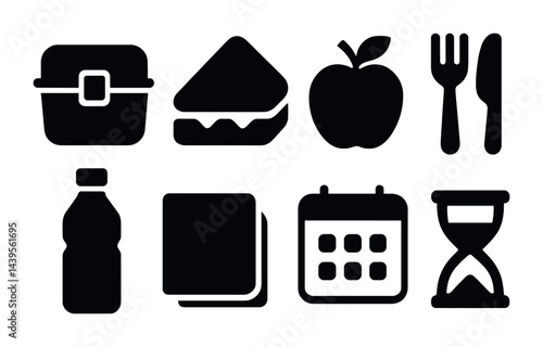 Lunch and snack solid icons set - filled style food, meal prep, and nutrition symbols for healthy eating: lunchbox, sandwich, apple, utensils, water bottle, calendar, timer