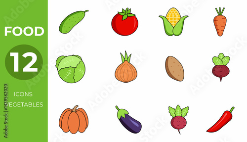 Set of 12 vegetable icons on white background. Vector illustration
