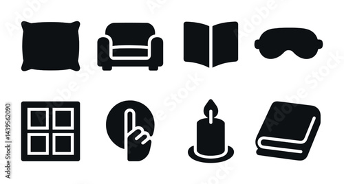 Relaxation and leisure icon set – solid style comfort, rest, and home activities symbols: pillow, armchair, book, eye mask, window, shushing face, candle, closed book.