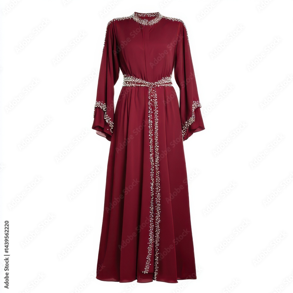 Maroon dress with embellishments on white background studio shot Maroon dress with embellishments on white background studio shot