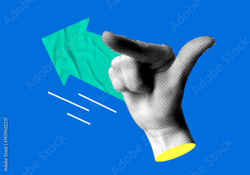 Halftone hand pointing finger and forward arrow. Modern collage. Financial chart. Marketing analysis and analytics. Successful business, startup. Index finger points to the target. Stock market growth