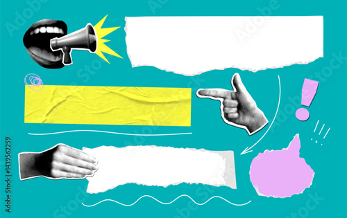 Modern collage with halftone design elements and text boxes. Torn paper. Speech bubbles. Screaming mouth with megaphone. Messaging, creative chat. Halftone body parts, pointing hand