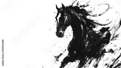 Black horse galloping in a dynamic pose. Traditional Chinese ink painting on white background. Year of the horse, symbol of the 2026 year.