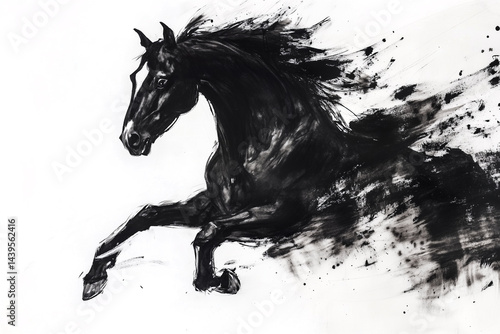 Black horse galloping in a dynamic pose. Traditional Chinese ink painting on white background. Year of the horse, symbol of the 2026 year.