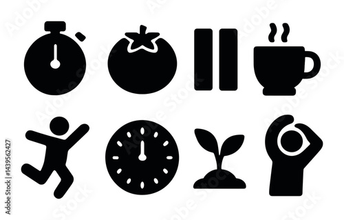Fitness and wellness solid icon set – silhouette style health, exercise, and mindfulness symbols for active living: stopwatch, tomato, pause button, coffee cup, runner, clock, plant, stretching