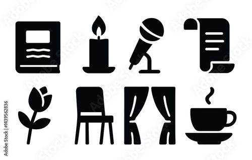 Performing arts solid icons set – silhouette style theater, stage, and performance symbols for creative projects: book, candle, microphone, script, flower, chair, curtain, coffee cup.