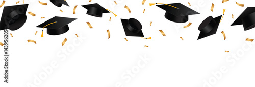 Graduation caps confetti. Flying graduation hats with gold ribbons on white background. School, college education background. Vector illustration