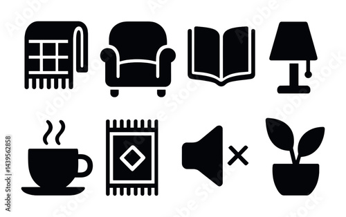 Cozy home living icons set – solid style comfort, decor, and leisure symbols for relaxing spaces: blanket, armchair, book, lamp, coffee cup, rug, speaker, potted plant.