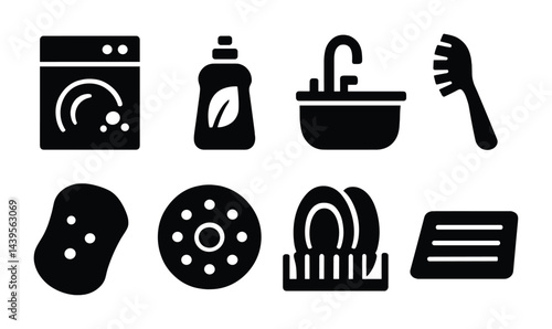 Kitchen cleaning icon set – solid style household, hygiene, and cleaning tools for daily chores: dishwasher, detergent, sink, brush, sponge, dish rack, scrub pad.