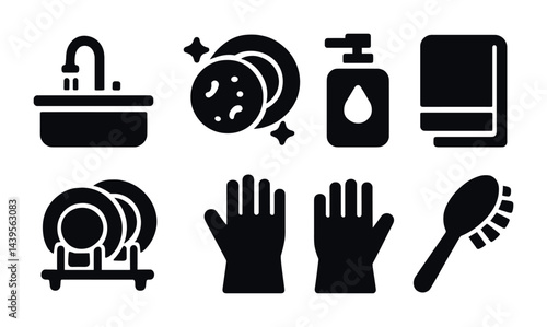 Kitchen cleaning solid icons set – silhouette style for housekeeping, hygiene, and sanitation: sink, sponge, soap dispenser, towel, dish rack, gloves, brush