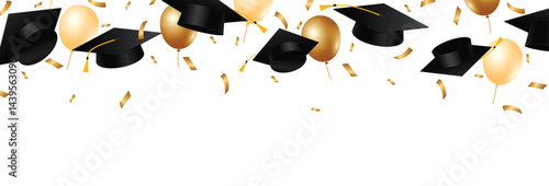 Graduation caps confetti. Flying graduation hats with gold ribbons on white background. School, college education background. Vector illustration