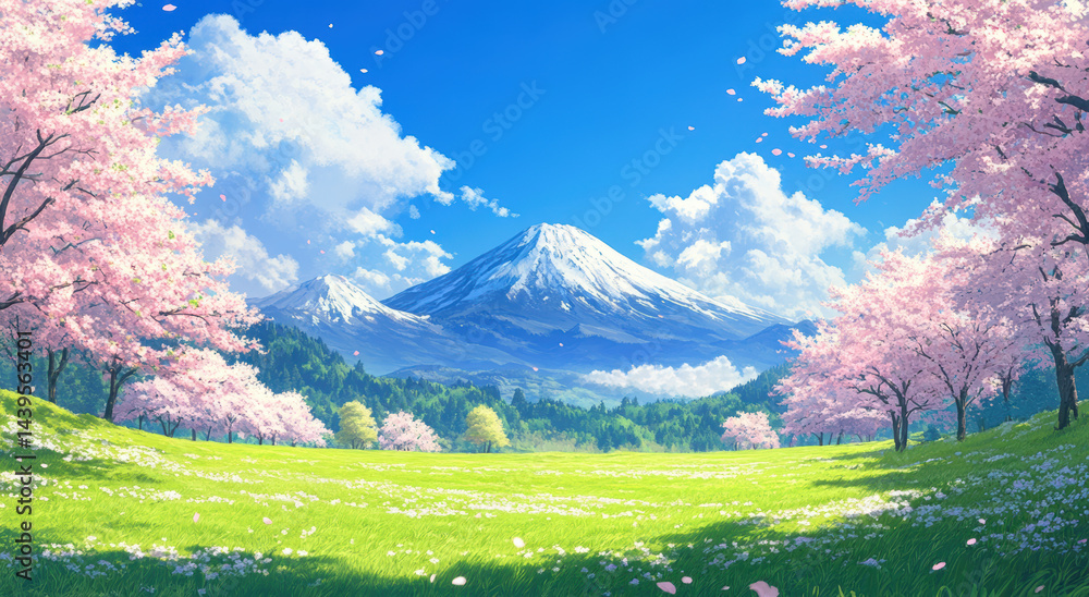 Obraz premium Serene landscape featuring majestic mountain surrounded by cherry blossom trees full bloom, bright blue sky. scene evokes