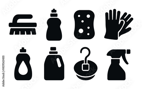 Cleaning and hygiene solid icons set – silhouette style sanitation, housekeeping, and home maintenance symbols for cleanliness: brush, detergent, sponge, gloves, spray, hanger, bottle.