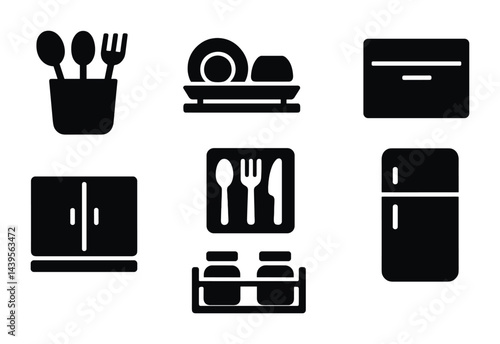 Modern kitchen solid icons set – sleek culinary, cooking, and utensil symbols for food preparation: spoon, dish rack, oven, cabinet, cutlery, storage jar, fridge.