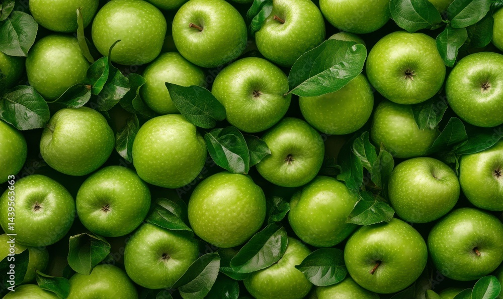 Fresh Green Apples Surrounded by Lush Green Leaves on a Tabletop Fresh Green Apples Surrounded by Lush Green Leaves on a Tabletop