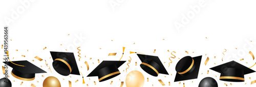Graduation background with graduation caps, balloons and gold confetti. School and university graduation celebration frame design. Vector illustration