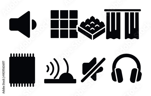Music and sound solid icon set – filled style audio, entertainment, and media symbols for digital projects: speaker, equalizer, music file, sound waves, headphones, mute.