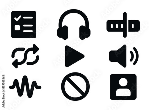 Music and multimedia solid icons set – filled style audio, playback, and user interface symbols for digital media: playlist, headphones, slider, sync, play, mute, profile.