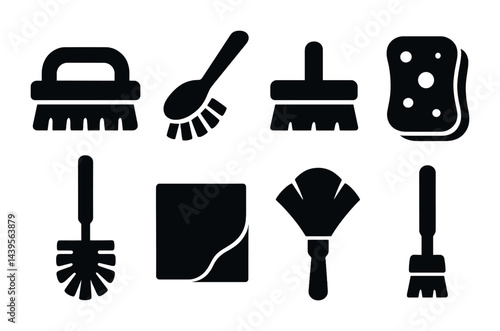 Cleaning tools silhouette icon set – solid style for housekeeping, janitorial, and maintenance: brush, mop, sponge, duster, scrubber, cloth, broom, squeegee.