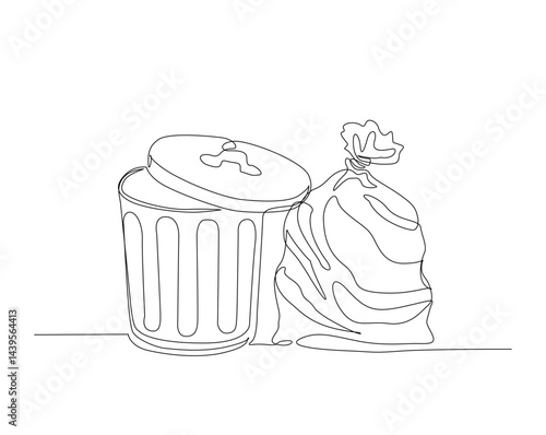 Trash can and plastic bag outline drawing vector illustration. one continuous line drawing of trash can with plastic trash.