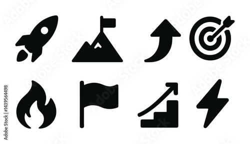 Growth and success icon set – solid style business, achievement, and motivation symbols for productivity: rocket, mountain, arrow, target, fire, flag, chart, lightning.