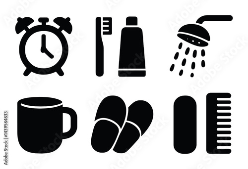 Daily routine essentials icon set – solid style hygiene, morning ritual, and personal care icons: alarm clock, toothbrush, toothpaste, shower, coffee mug, slippers, comb