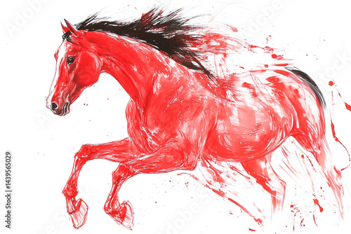 Red horse galloping in a dynamic pose. Traditional ink painting on white background. Year of the horse, symbol of the 2026 year. Drawing with a brush.