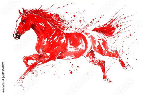 Red horse galloping in a dynamic pose. Traditional ink painting on white background. Year of the horse, symbol of the 2026 year. Paint strokes and splashes.