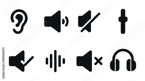 Audio and sound control icons set – solid style tools for media, sound management, and audio editing: ear, speaker, mute, volume slider, check, equalizer, cancel, headphones.