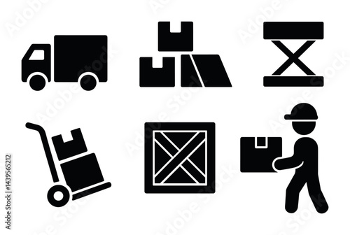 Logistics and shipping solid icons set – silhouette style warehouse, delivery, and transport symbols for supply chain: truck, boxes, forklift, crate, worker, pallet jack