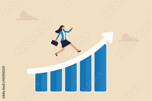 Work improvement, career growth or performance to achieve success, progress or career advancement concept, businesswoman running up rising arrow on performance improvement bar graph.