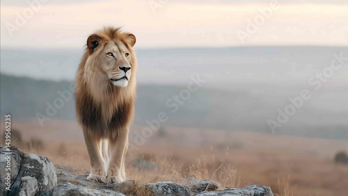 A majestic African lion standing on a rocky cliff at sunset savannah in background golden hour light cinematic style ultradetailed clear subject no labels or logos 8k resolution phot