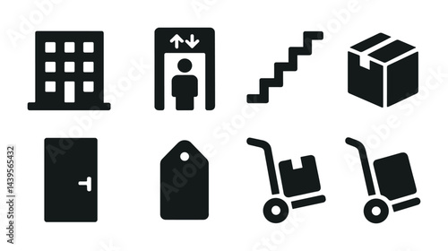 Warehouse and logistics solid icons set – filled style symbols for inventory, supply chain, and transportation: warehouse, elevator, stairs, box, door, tag, trolley, cart.