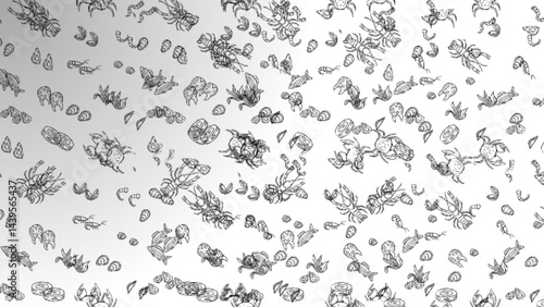 A striking black seafood hand-drawing vector design featuring finely detailed illustrations of fish, crabs, shrimp, and other ocean elements. 