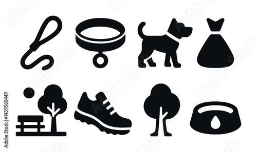 Dog walking and park life solid icons set – silhouette style pet care, outdoor activities, and gear symbols: leash, collar, dog, waste bag, park bench, sneaker, tree, dog bowl.