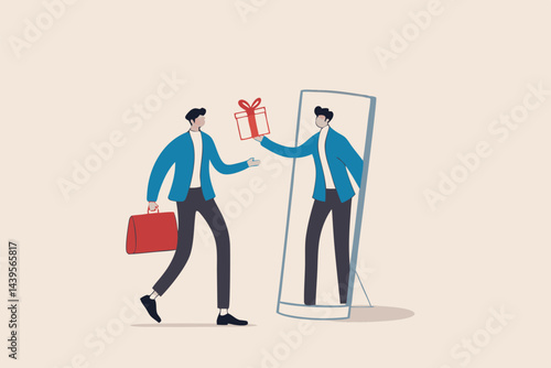 Reward yourself when success or achieve personal goal to increase motivation and inspiration, celebrate victory or winning concept, businessman get reward from himself in the mirror for self motivate.