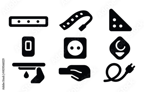 Collection of black electrical and technology icons for design and interface
