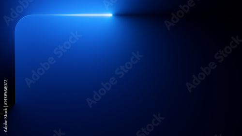 Abstract minimalist linear neon frame with rounded corners against the blue background. Bright light leaves glowing trail. 3d rendering