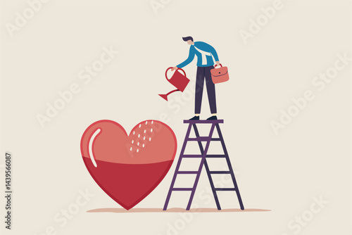 Work passion, motivation to success and win business competition, mindset or attitude to work in we love to do concept, businessman pouring water to fulfill heart shape metaphor of passion.