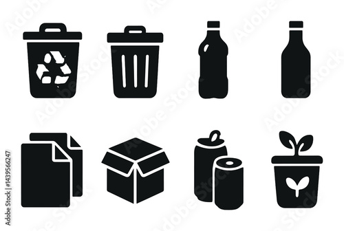 Eco-friendly recycling icons set – solid style for sustainable living and waste management: trash bin, plastic bottle, glass bottle, paper waste, cardboard box, cans, plant pot