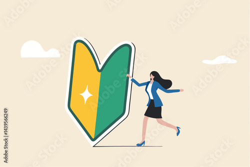 Beginner, newbie or new hire employee, start new career or job, newcomer or new graduate concept, cheerful cute young businesswoman female pose with big beginner mark.