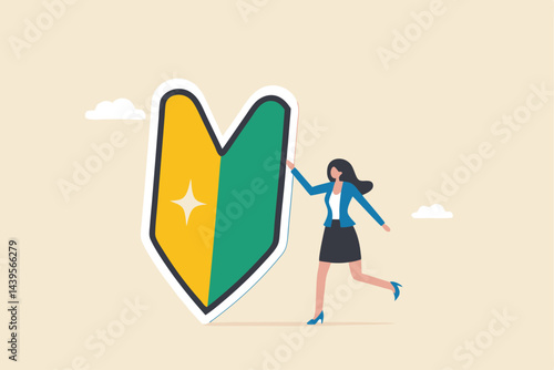 Beginner, newbie or new hire employee, start new career or job, newcomer or new graduate concept, cheerful cute young businesswoman female pose with big beginner mark.