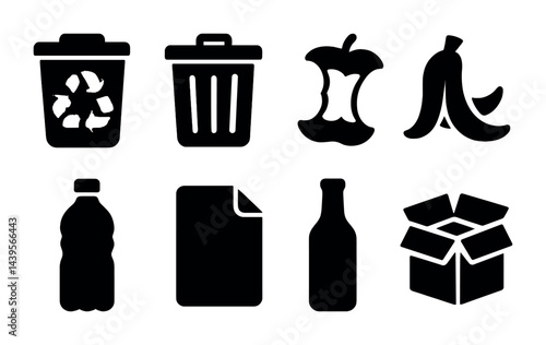 Recycling and waste management icons set - silhouette style sustainability, eco-friendly symbols for environmental awareness: trash, compost, plastic bottle, paper, glass, box