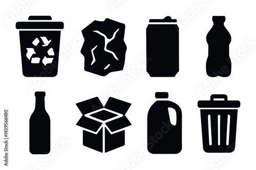 Recycling and waste management solid icons set – silhouette style eco-friendly, sustainability, and trash symbols for environmental conservation: trash bin, recycle symbol, bottle, can, cardboard box
